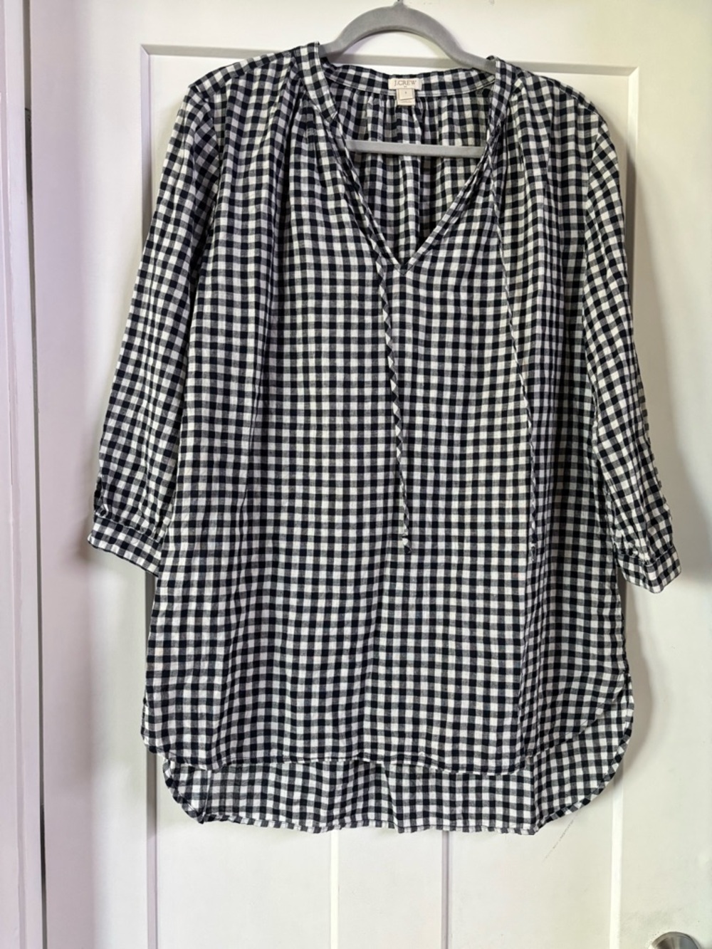 Y2K J. Crew Black and White Gingham linen cotton Tie-Front Tunic beach coverup